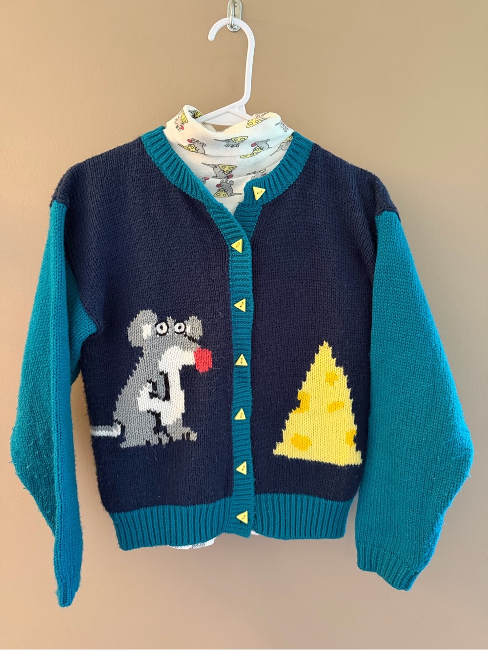Sandra Boynton Kid’s Teal & Navy Knit Cardigan w/ turtleneck / Unique / Fun